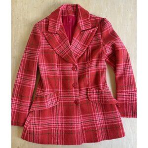 Vintage Retro Mod Rust & Pink Wool Plaid Blazer Jacket Womens